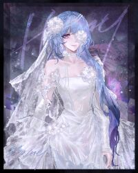  absurdres alternate_costume bare_shoulders black_border blue_hair border braid breasts bridal_veil catvnuf character_name chinese_commentary choker cleavage collarbone commentary_request detached_sleeves dress earrings female flower_choker flower_in_eye hair_over_shoulder hamel_(path_to_nowhere) highres jewelry long_hair looking_at_viewer medium_breasts one_eye_covered path_to_nowhere pearl_earrings pearl_hair_ornament purple_background purple_eyes see-through_skirt_layer smile solo straight-on strapless strapless_dress symbol_in_eye upper_body veil white_choker white_dress 