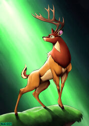  antlers bambi bambi_(film) black_nose brown_body brown_eyes brown_fur deer detailed_background disney feral fur grass hi_res hooves horn male mammal mouth_closed noki001 plant short_tail solo standing tail tan_body tan_fur thin_legs 