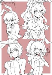  4girls :d :o agnes_giebenrath animal_ears bare_shoulders between_breasts blush border bow bowtie breasts cagalli_yula_athha cleavage clenched_teeth detached_collar embarrassed fake_animal_ears frown gundam gundam_seed gundam_seed_destiny gundam_seed_freedom hair_ornament highres lacus_clyne lanlanlap large_breasts leotard long_hair lunamaria_hawke medium_breasts multiple_girls multiple_views playboy_bunny ponytail rabbit_ears red_background short_hair simple_background smile strapless strapless_leotard sweatdrop teeth twintails white_border 