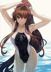  adjusting_hair armpits breasts brown_hair closed_mouth collarbone competition_swimsuit female hair_intakes hair_lift hand_in_own_hair hands_in_hair highleg highleg_one-piece_swimsuit highres holding holding_own_hair kantai_collection kasumi_(skchkko) large_breasts long_hair looking_at_viewer one-piece_swimsuit partially_submerged ponytail red_eyes sidelocks smile solo swimsuit two-tone_swimsuit tying_hair very_long_hair water wet yamato_(kancolle) 