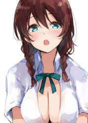  :o blush braid breasts brown_hair cleavage collared_shirt commentary_request dress_shirt emma_verde female freckles gengoroh green_eyes green_ribbons hair_between_eyes highres large_breasts long_hair looking_at_viewer love_live! love_live!_nijigasaki_high_school_idol_club low_twin_braids neck_ribbon nijigasaki_school_uniform open_clothes open_mouth open_shirt puffy_short_sleeves puffy_sleeves ribbon school_uniform shirt short_sleeves solo summer_uniform twin_braids upper_body white_shirt 