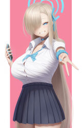  asuna_(blue_archive) black_skirt blue_archive blue_eyes blue_ribbon blush breasts cellphone choker collared_shirt dress_shirt female grin hair_over_one_eye hair_ribbon halo highres large_breasts light_brown_hair long_hair looking_at_viewer masatoki no_halo phone pleated_skirt ribbon school_uniform scrunchie shirt skirt sleeves_rolled_up smile solo v very_long_hair white_shirt wrist_scrunchie 