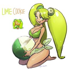  ball barefoot beachball bikini character_name cookie_run eyelashes female food-themed_hair_ornament full_body green_bikini green_eyes hair_ornament holding holding_ball humanization kneeling lime_cookie lime_hair_ornament long_hair looking_at_viewer open_mouth signature simple_background swimsuit tamtamdi twintails very_long_hair white_background 