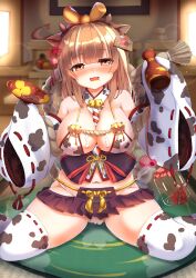  animal_ears animal_print bare_shoulders bell between_breasts bluekalmia breasts brown_eyes cleavage cow_ears cow_girl cow_print cup detached_sleeves female horns indoors large_breasts long_hair looking_at_viewer mole mole_under_mouth navel open_mouth original pleated_skirt sakazuki sitting skirt solo steaming_body thighhighs wariza 