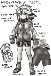  antenna_hair ass bike_shorts clenched_hands closed_mouth commentary_request female gloves greyscale hair_between_eyes headband highres jacket koshirae_tsurugi_(m.m) m.m monochrome multiple_views original shoes simple_background socks v-shaped_eyebrows white_background 