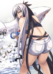  ass bare_shoulders belt black_hair black_sports_bra breasts fate/grand_order fate_(series) female green_eyes highres hose ksfactory long_hair looking_at_viewer looking_back medium_breasts motor_vehicle motorcycle multicolored_hair nagao_kagetora_(fate) open_mouth short_shorts shorts sidelocks smile solo sports_bra thighs two-tone_hair uesugi_kenshin_(fate) uesugi_kenshin_(second_ascension)_(fate) very_long_hair washing_vehicle white_hair white_shorts 