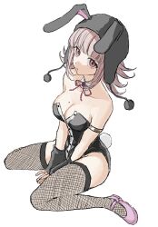  animal_ears bare_shoulders black_leotard blush breasts cleavage danganronpa_(series) danganronpa_2:_goodbye_despair detached_collar fake_animal_ears female fishnet_thighhighs fishnets flipped_hair highres large_breasts leotard long_sleeves looking_at_viewer medium_hair nanami_chiaki no_hair_ornament odjisanhonpo official_alternate_costume pink_eyes playboy_bunny rabbit_ears rabbit_tail simple_background solo strapless strapless_leotard tail thighhighs wrist_cuffs 