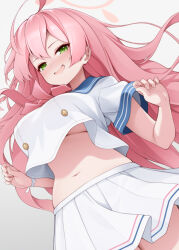  ahoge blue_archive braid breasts commentary female gradient_background green_eyes grey_background halo hanako_(blue_archive) highres large_breasts long_hair looking_at_viewer mofu_namako navel open_mouth pink_hair pink_halo shirt short_sleeves single_braid skirt solo underboob white_shirt white_skirt 