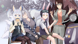  4girls absurdres akagi_(azur_lane) alternate_costume animal_ears azur_lane bare_legs between_legs black_skirt blazer blue_eyes blue_skirt blue_vest blush breasts brown_hair casual cleavage collared_shirt drinking english_commentary eyeshadow fox_ears fox_girl fox_tail glasses hair_ornament hairclip hand_between_legs hands_up highres holding holding_umbrella jacket jewelry kaga_(azur_lane) kitsune large_breasts leaning_on_person leaning_to_the_side long_hair looking_at_viewer makeup medium_breasts medium_hair morigami_(morigami619) multiple_girls multiple_rings multiple_tails necktie oerba_yun_fang on_bench open_clothes open_jacket orange_eyes outdoors pantyhose pilot_helmet pleated_skirt rabbit_ears rabbit_girl rabbit_tail red_eyeshadow ring shimakaze_(azur_lane) shinano_(azur_lane) shirt sitting skirt sleeping slit_pupils smile staring sweater tail umbrella v very_long_hair vest w_arms waving white_hair white_shirt wide-eyed winter_clothes yellow_eyes 