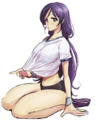  black_buruma buruma closed_mouth eyelashes female green_eyes gym_uniform long_hair looking_at_viewer love_live! love_live!_school_idol_project navel purple_footwear purple_hair shirt short_sleeves simple_background solo tamtamdi tojo_nozomi very_long_hair white_background white_shirt wristband 