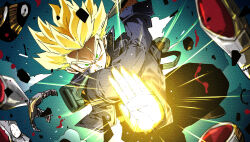  2boys blonde_hair blood blue_jacket commentary_request cyborg dragon_ball dragon_ball_z frieza green_eyes highres holding holding_sword holding_weapon imminent_death jacket male_focus multiple_boys pov ruto830 sheath super_saiyan super_saiyan_1 sword trunks_(dragon_ball) trunks_(future)_(dragon_ball) unsheathed weapon 