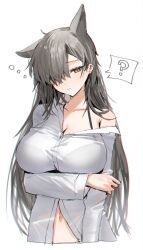  ? absurdres alternate_costume animal_ears arknights arm_under_breasts black_bra bra bra_visible_through_clothes breasts cleavage closed_mouth commentary_request extra_ears female grey_hair hair_over_one_eye head_tilt highres horn/wood large_breasts long_hair mole mole_above_eye navel penance_(arknights) simple_background single_bare_shoulder single_off_shoulder slit_pupils solo spoken_question_mark underwear upper_body white_background wolf_ears wolf_girl yellow_eyes 