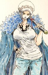  black_hair blue_pants breast_tattoo breasts cape cleavage commentary_request curvy denim female finger_tattoo fur_cape fur_hat genderswap_(mtf) hand_on_own_hip hand_tattoo hat highres holding holding_sword holding_weapon jeans katana large_breasts looking_at_viewer one_piece open_mouth pants puipui_(gamename) rule_63 short_hair shoulder_tattoo sword tank_top tattoo teeth trafalgar_law v-shaped_eyebrows weapon white_tank_top yellow_eyes 