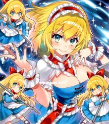  4girls alice_margatroid apron blonde_hair blue_dress blue_eyes blush bow breasts chacham cleavage closed_mouth dress frilled_hairband frills hairband hairbow hashtag-only_commentary large_breasts long_hair looking_at_viewer multiple_girls red_bow red_hairband shanghai_doll short_hair smile touhou white_apron wrist_cuffs 