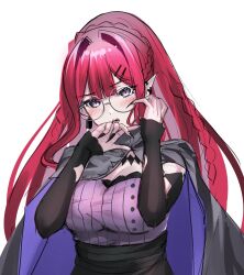  baobhan_sith_(fate) baobhan_sith_(swimsuit_pretender)_(fate) baobhan_sith_(swimsuit_pretender)_(second_ascension)_(fate) blush breasts capelet detached_sleeves earrings fate/grand_order fate_(series) female glasses grey_capelet grey_eyes gyoza_(pi512126) hands_up highres jewelry long_hair long_sleeves looking_at_viewer open_mouth pink_hair pointy_ears purple_shirt round_eyewear shirt sidelocks solo upper_body white_background 