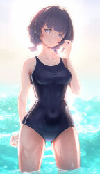  absurdres backlighting black_hair black_one-piece_swimsuit blue_eyes braid breasts cleavage covered_navel female gakuen_idolmaster hataya_misuzu highres idolmaster looking_at_viewer low_twintails medium_breasts mole mole_under_mouth one-piece_swimsuit school_swimsuit scopedog_12 short_hair solo standing swimsuit twintails water 