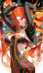  arms_up black_bikesuit black_gloves black_jacket breasts cleavage cropped_jacket earrings female genshin_impact gloves gold_trim jacket jewelry large_breasts long_hair long_sleeves looking_at_viewer mavuika_(genshin_impact) multicolored_hair orange_hair red_eyes red_hair scottie_(phantom2) solo two-tone_hair 