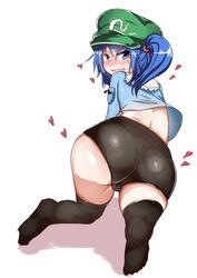  ass back bad_id bad_twitter_id black_thighhighs blush cameltoe feet female hat heart highres kawashiro_nitori no_shoes open_mouth plump soles solo takimoto_yukari thighhighs thighs touhou twintails two_side_up wavy_mouth white_background 