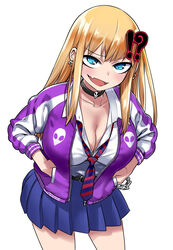  !? 774_(nanashi) :d alien_print belt black_choker blonde_hair blue_eyes blue_skirt blush breasts chains choker cleavage collarbone collared_shirt commentary_request cowboy_shot earrings eyelashes female hair_ornament hairclip hands_in_pockets jacket jewelry kodansha large_breasts leaning_forward long_hair long_sleeves looking_at_viewer makaji_yomi necktie oerba_yun_fang official_art open_clothes open_jacket open_mouth photoshop_(medium) pleated_skirt purple_jacket ringed_eyes shirt sidelocks simple_background skirt smile solo virtual_youtuber white_background white_shirt wing_collar 