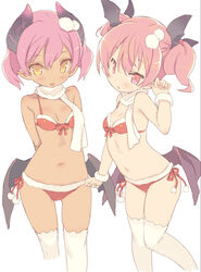  2girls :o arm_up armpits arms_behind_back bikini black_ribbon blade_(galaxist) blush breasts christmas cleavage commentary_request contrapposto dark-skinned_female dark_skin demon_girl emelia_pris fur-trimmed_bikini fur_trim hair_ribbon horns looking_at_viewer low_wings midriff multiple_girls navel over-kneehighs parted_lips photoshop_(medium) pink_eyes pink_hair pom_pom_(clothes) pop-up_story red_bikini revia_serge ribbon santa_bikini santa_costume scarf short_hair side-tie_bikini_bottom simple_background small_breasts standing stomach swimsuit thighhighs tsurime two_side_up wavy_mouth white_background white_scarf white_thighhighs wings wrist_cuffs 