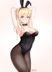  animal_ears armpits arms_behind_head black_leotard black_pantyhose blonde_hair blue_eyes blush bow bowtie breasts cleavage commentary_request detached_collar fake_animal_ears female graf_zeppelin_(kancolle) hair_between_eyes highres kamui_aya kantai_collection leotard long_hair medium_breasts pantyhose pink_background playboy_bunny rabbit_ears signature solo strapless strapless_leotard 