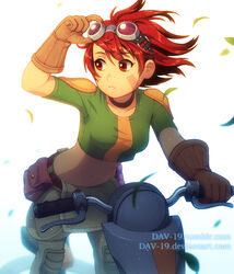  choker commentary dav-19 deviantart_username eva_wei facial_mark female gloves goggles goggles_on_head leaf leaning_forward looking_to_the_side midriff motor_vehicle navel oban_star-racers on_scooter photoshop_(medium) red_eyes red_hair scooter short_hair simple_background solo watermark web_address white_background wind 