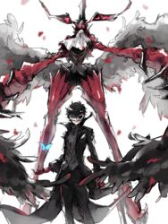  2boys arsene_(persona_5) black_hair black_outfit black_wings butterfly feather_wings gloves joker_(persona_5) kurusu_akira light_background looking_at_viewer male_focus mask multiple_boys persona_5 red_gloves red_handwear short_hair simple_background smile white_background wings 