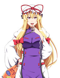  absurdres bag blonde_hair breasts chips_(food) commentary_request dress female food hair_ribbon hand_on_own_hip hat highres kyoukyan large_breasts licking licking_finger long_hair long_sleeves looking_at_viewer mob_cap parody potato_chips puffy_sleeves purple_eyes ribbon shokugeki_no_souma simple_background solo tabard touhou tress_ribbon very_long_hair white_background yakumo_yukari 