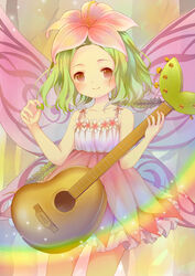  blush brown_eyes butterfly_wings commentary_request dress female flower flower_on_head forehead green_hair guitar hair_ornament highres insect_wings instrument komikko_(alice) photoshop_(medium) plectrum rainbow short_hair show_by_rock!! smile solo sparkle tanefurun_(show_by_rock!!) wings 