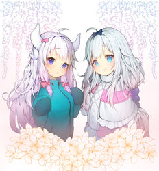  2girls blue_eyes bow cosplay costume_switch crossover dragon_girl dragon_horns eromanga_sensei hairbow highres horns izumi_sagiri izumi_sagiri_(cosplay) jacket kanna_kamui kanna_kamui_(cosplay) kobayashi-san_chi_no_maidragon lavender_hair long_hair look-alike looking_at_viewer multiple_girls pink_bow purple_eyes sleeves_past_wrists tp_(kido_94) white_hair 