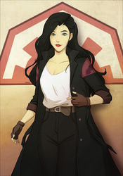  asami_sato avatar_legends belt black_hair black_pants breasts cleavage commentary english_commentary eyeshadow female fingerless_gloves gloves jacket lipstick looking_at_viewer makeup nymre open_clothes open_jacket pants parted_lips photoshop_(medium) shirt smile solo the_legend_of_korra white_shirt 