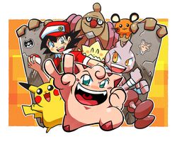  akai_isamu_(pokemon) black_hair brown_eyes character_request clefairy dedenne green_eyes hat pikachu pocket_monsters_(manga) poke_ball pokemon rariatto_(ganguri) togepi tyrogue v 