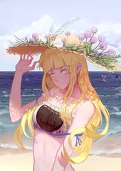  2girls bad_id bad_pixiv_id bare_arms beach bikini blonde_hair blush bow cloud commentary_request day flower hakurei_reimu hand_on_headwear hat highres hoshimawa innertube kirisame_marisa leaf long_hair looking_at_viewer multiple_girls navel outdoors rei_no_himo ribbon shark_fin sky straw_hat sun_hat surfboard surfing swim_ring swimsuit touhou water yellow_eyes 