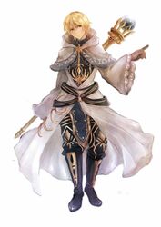  1boy ajipontarou black_footwear blonde_hair boots commentary_request full_body hood hood_down jewelry male_focus photoshop_(medium) pointing red_eyes robe sennen_sensou_aigis staff valerie_(sennen_sensou_aigis) white_robe 