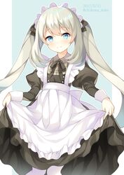  black_ribbon blue_eyes blush commentary_request dated fate/grand_order fate_(series) female highres long_hair looking_at_viewer maid maid_headdress marie_antoinette_(animejapan_2016)_(fate) marie_antoinette_(fate) narusegawa_riko official_alternate_costume pantyhose ribbon smile solo twintails twitter_username white_hair 