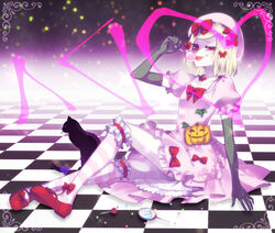  :p bad_id bad_pixiv_id beret black_cat black_gloves blonde_hair bow candy checkered_floor dress elbow_gloves feline female food frederica_bernkastel frederica_bernkastel_(cat) gloves hat heart highres jack-o&#039;-lantern kneehighs konpeitou lambdadelta lollipop ohagi_(ymnky) pink_headwear puffy_sleeves red_eyes sitting socks star_(symbol) striped_clothes striped_socks swirl_lollipop tongue tongue_out umineko_no_naku_koro_ni 