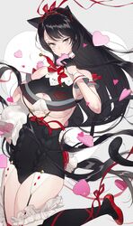  animal_ears ankle_lace-up artistic_error bad_id bad_pixiv_id bare_shoulders bell black_dress black_hair black_thighhighs breasts cat_ears cat_girl cat_tail collarbone cross-laced_footwear dress female floating_hair garter_straps hair_ribbon halterneck hand_to_own_mouth hand_up heart jingle_bell large_breasts leg_ribbon licking long_hair looking_at_viewer mole mole_under_eye neck_ribbon original red_footwear red_ribbon ribbon shoes solo tail thighhighs tonito underboob very_long_hair wind wrist_cuffs 