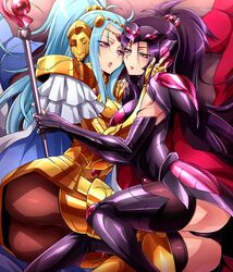  2girls arai_nobu armor blue_hair commentary_request gemini_integra gemini_paradox gold_armor gold_saint incest long_hair mask multiple_girls pantyhose purple_eyes purple_hair saint_seiya saint_seiya_omega siblings sisters spoilers staff thighhighs twincest twins yuri 