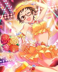  bouquet brown-framed_eyewear brown_eyes brown_hair dress female flower glasses hat high_heels idolmaster idolmaster_cinderella_girls jewelry kitagawa_mahiro midriff necklace official_art one_eye_closed short_hair solo yellow_dress 