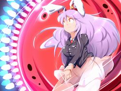  animal_ears blazer breasts collared_shirt commentary_request covered_nipples crescent crescent_pin danmaku earclip female finger_gun hip_focus impossible_clothes impossible_skirt jacket kikurage_(sugi222) large_breasts long_hair long_sleeves looking_up necktie partial_commentary pink_skirt purple_hair rabbit_ears red_eyes red_necktie reisen_udongein_inaba serious shirt skirt solo spell_card taut_clothes thighs touhou very_long_hair 