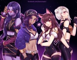  4girls ahri_(league_of_legends) ahri_(league_of_legends)_(cosplay) akali akali_(cosplay) animal_ears ashe_(overwatch) bare_shoulders baseball_cap belt black_choker black_gloves bracelet breasts brown_hair choker cleavage closed_mouth colored_skin commentary cosplay crossed_arms d.va_(overwatch) dark-skinned_female dark_skin evelynn_(league_of_legends) evelynn_(league_of_legends)_(cosplay) facebook_username facial_mark fingerless_gloves gloves hair_bun hair_ornament hand_up hat heart heart_hair_ornament highres jewelry k/da_(league_of_legends) k/da_ahri k/da_akali k/da_evelynn k/da_kai&#039;sa kai&#039;sa kai&#039;sa_(cosplay) kaoruru_(sakuno2911) kemonomimi_mode large_breasts league_of_legends long_hair looking_at_viewer looking_over_eyewear medium_breasts mole multiple_girls navel overwatch overwatch_1 pince-nez pink-tinted_eyewear purple-tinted_eyewear purple_hair purple_skin red_eyes short_shorts shorts single_hair_bun skin_tight smile sombra_(overwatch) standing sunglasses thighhighs tinted_eyewear watermark web_address white_hair widowmaker_(overwatch) 