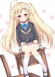  :o ahoge azur_lane black_footwear black_jacket blazer blonde_hair blue_bow blue_bowtie blush bow bowtie brown_skirt chair clothes_lift collared_shirt commentary_request desk diagonal_stripes dutch_angle eldridge_(azur_lane) eldridge_(the_inquisitive_recluse)_(azur_lane) female grey_background hair_ornament hairclip jacket kneehighs lifting_own_clothes long_hair mary_janes official_alternate_costume on_desk panties parted_lips paw_print paw_print_background pink_panties purple_eyes shirt shoes simple_background sitting skirt skirt_lift socks solo striped_bow striped_bowtie striped_clothes two_side_up underwear very_long_hair white_shirt white_socks yuimari 