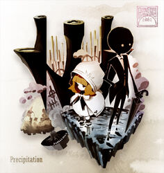  alice_(deemo) commentary_request deemo deemo_(character) expressionless female hood looking_away official_art photoshop_(medium) precipitation_(deemo) punew song_name standing tree umbrella wading 