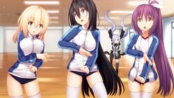  asahina_chitose black_hair blonde_hair bloomers ch@r game_cg gleam_garden_no_shoujo gray_hair gym_uniform izumi_sakurako kusunoki_yuma luna_(gleam_garden_no_shoujo) purple_hair shirayuki_(gleam_garden_no_shoujo) thighhighs twintails 