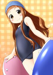  animal_costume blue_one-piece_swimsuit brown_eyes brown_hair commentary_request cowboy_shot explosion_psycho female flat_chest from_below ichihara_nina idolmaster idolmaster_cinderella_girls long_hair looking_at_viewer old_school_swimsuit one-piece_swimsuit plaid plaid_background school_swimsuit shark_costume smile solo standing swim_cap swimsuit 