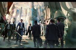  building buildings business_suit city futuristic glasses grasshopper_manufacture katana killer_is_dead mondo_zappa science_fiction sword weapon 