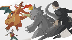  2boys backpack bad_id bad_pixiv_id bag baseball_cap battle black_hair brown_hair charizard dragon fire flame-tipped_tail formal giovanni_(pokemon) hat hiyokko_ep jacket multiple_boys pokemon pokemon_(creature) pokemon_origins red_(pokemon) rhydon short_hair suit white_background wristband 