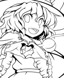  :d absurdres commentary_request eyeball female greyscale hat heart heart_hands highres komeiji_koishi line_art looking_at_viewer monochrome open_mouth short_hair smile solo third_eye touhou transparent_background wabi_(wbsk) 