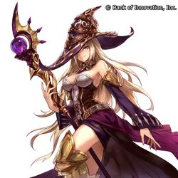  bank_of_innovation belt blonde_hair breasts cleavage commentary_request copyright_name cryptract detached_sleeves female hair_over_one_eye hat holding holding_staff long_hair looking_at_viewer medium_breasts nadia_(cryptract) official_art purple_eyes solo staff very_long_hair witch_hat 