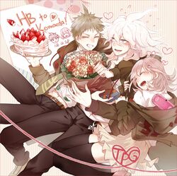  2boys ^_^ ahoge bad_id bad_pixiv_id birthday black_thighhighs blush bouquet brown_hair cake closed_eyes danganronpa_(series) danganronpa_2:_goodbye_despair dated drooling female flower food galaga green_eyes grin hair_ornament hairclip happy_birthday heart hinata_hajime hood hoodie komaeda_nagito medium_hair multiple_boys nanami_chiaki open_mouth pink_hair qinnye rose short_hair smile strawberry_shortcake thighhighs white_hair 